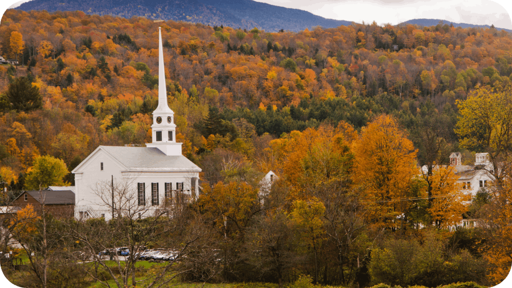 The Stowe, Vermont community church fits well in a autumn landscape.