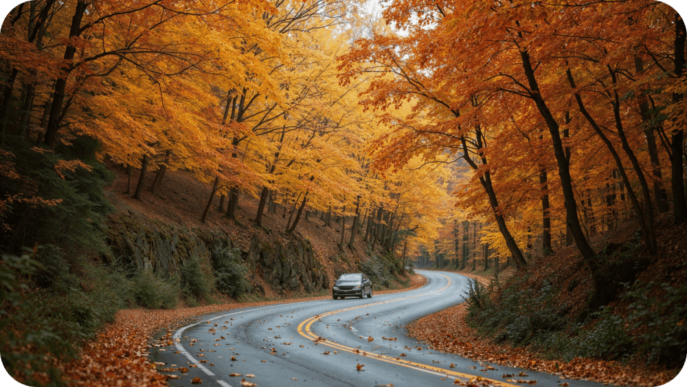 a car driving through a road with autumn trees on both sides