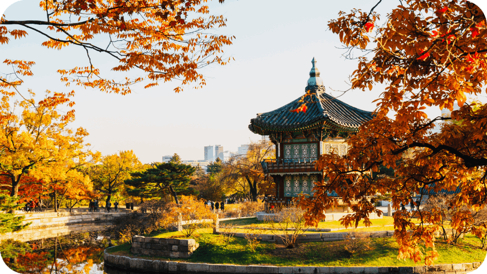 Korean traditional architecture Gyeongbokgung Palace Hyangwonjeong at autumn in Seoul, Korea