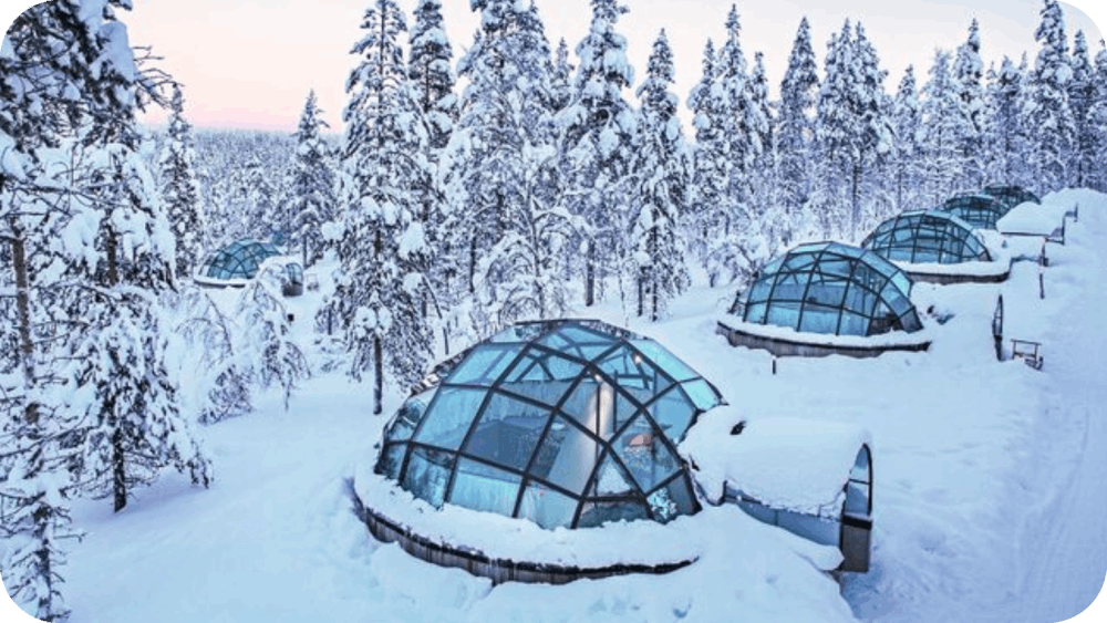 snow covered area with a glass domed igloo lodges