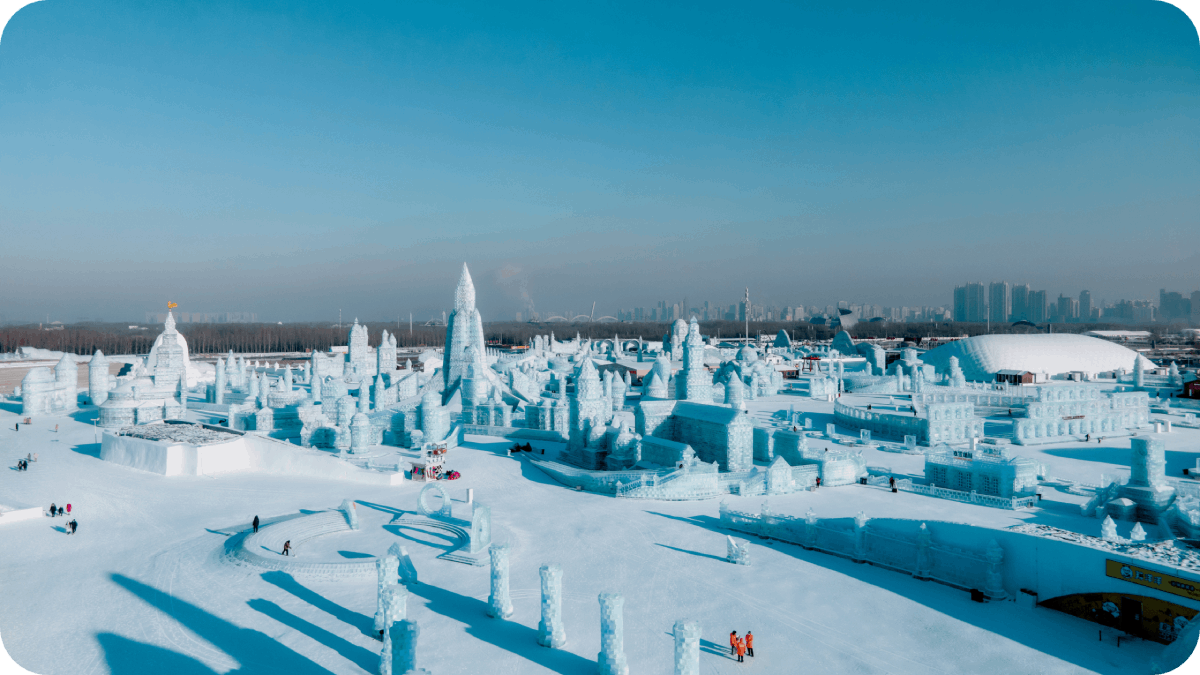 A breathtaking ice and snow sculpture cityscape at the Harbin Ice Festival, China.