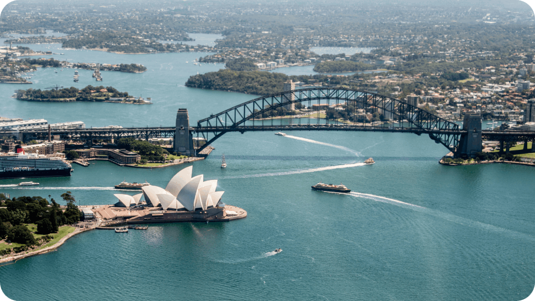 A stunning aerial view of Sydney, Australia, showcasing the iconic Sydney Opera House and Sydney Harbour Bridge with boats navigating the harbor.