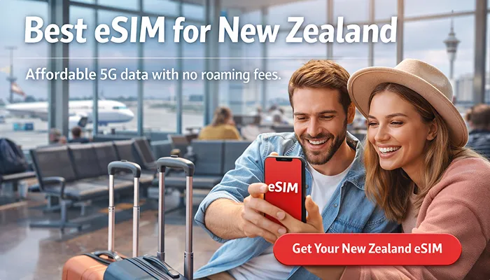 Couple at airport using smartphone with Best eSIM for New Zealand, promoting affordable 5G data with no roaming fees.