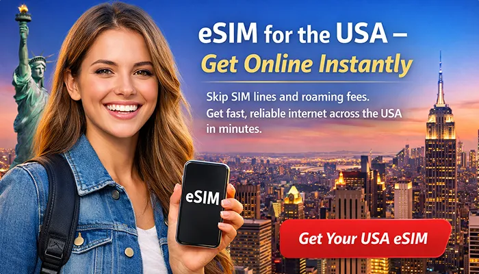 eSIM for the USA feature image showing a traveler holding a smartphone with eSIM, offering instant internet across the United States