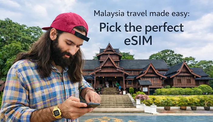 Traveler using a mobile phone with eSIM in Malaysia